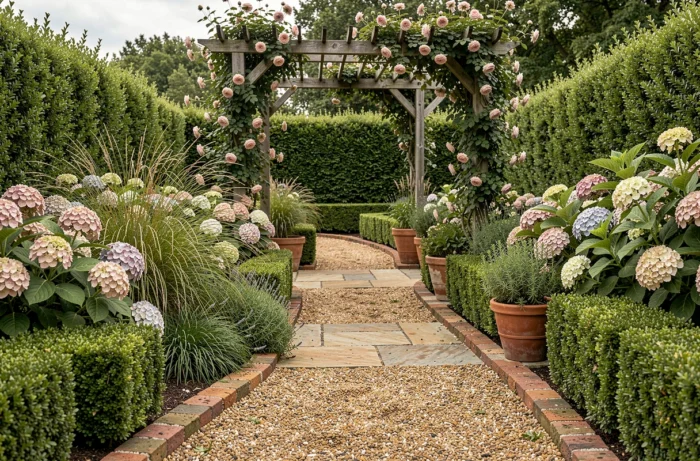 Jardin résidentiel harmonieux avec allée en pierre, pergola en bois et massifs de fleurs colorés