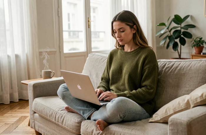 Jeune femme lisant sur son ordinateur portable dans un appartement parisien, découvrant la définition et l'origine de l'expression ores et déjà