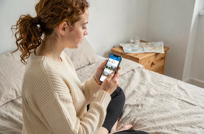 Jeune femme consultant le plan du site d'un blog de voyage sur smartphone dans une chambre minimaliste