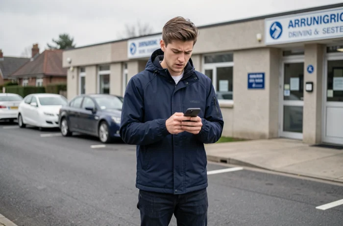 Jeune homme consultant son téléphone devant un centre d'examen du permis de conduire dans l'attente de ses résultats