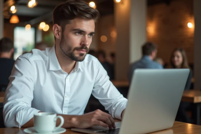 Jeune homme recherchant l'adresse d'un site de streaming sur son ordinateur dans un café
