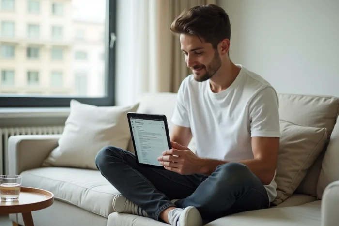 Jeune homme consultant les paramètres de son webmail IONOS sur une tablette depuis son salon