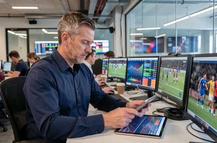 Journaliste sportif concentré dans une salle de rédaction moderne entourée d'écrans affichant des résultats sportifs en direct