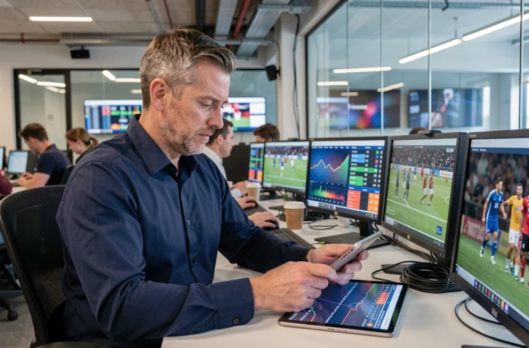 Journaliste sportif concentré dans une salle de rédaction moderne entourée d'écrans affichant des résultats sportifs en direct
