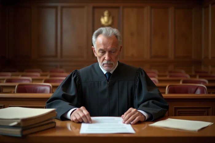 Juge en robe dans une salle d'audience de tribunal de la famille examinant un dossier de manquement parental