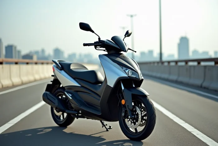 Kymco AK 550 Premium sur une aire d'autoroute avec infrastructure routière et skyline en arrière-plan