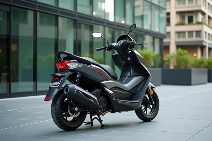 Kymco Xciting S 400i devant un immeuble en verre dans un quartier d'affaires moderne