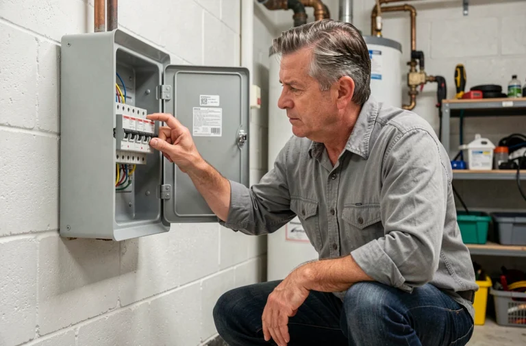 Homme adulte localisant et inspectant une boîte à fusibles électrique dans une salle technique résidentielle