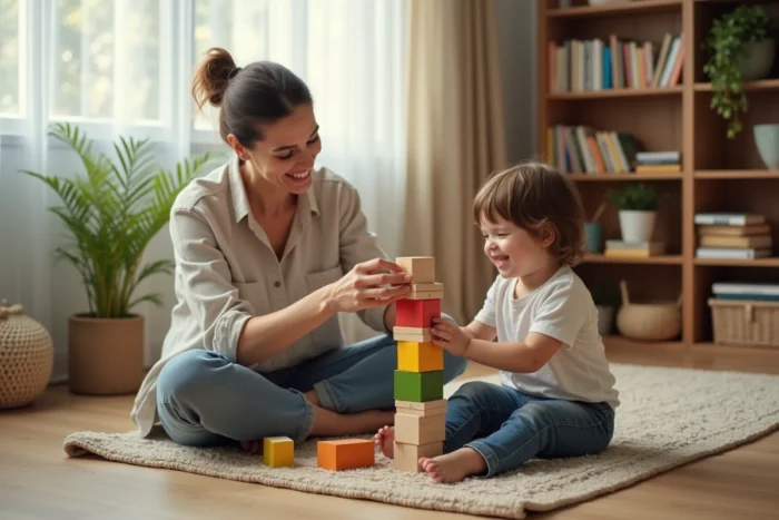 Maman épanouie jouant avec son enfant en bas âge sur le sol du salon, dans une atmosphère chaleureuse et naturelle