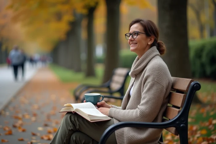 Maman prenant un moment pour elle dans un parc en automne, journal ouvert et café à la main, parentalité bienveillante envers soi-même