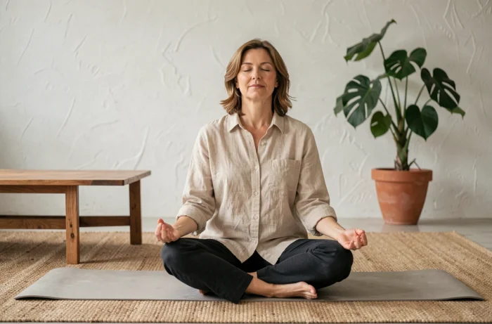 Femme en méditation sur un tapis de yoga dans un salon minimaliste illustrant la pleine conscience et le bien-être quotidien