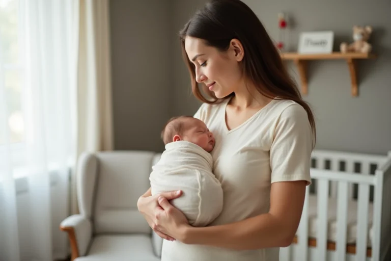 Mère tenant tendrement son bébé de 3 semaines emmailloté dans une mousseline dans une chambre de bébé douce et apaisante