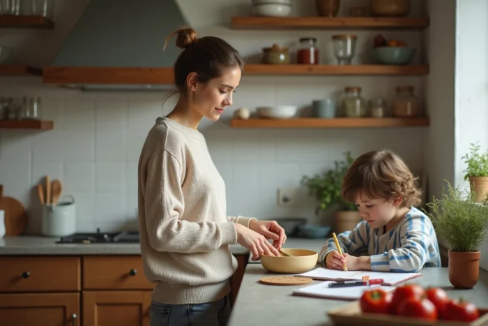 Mère préparant le repas en cuisine pendant que son enfant fait ses devoirs, scène de parentalité quotidienne authentique