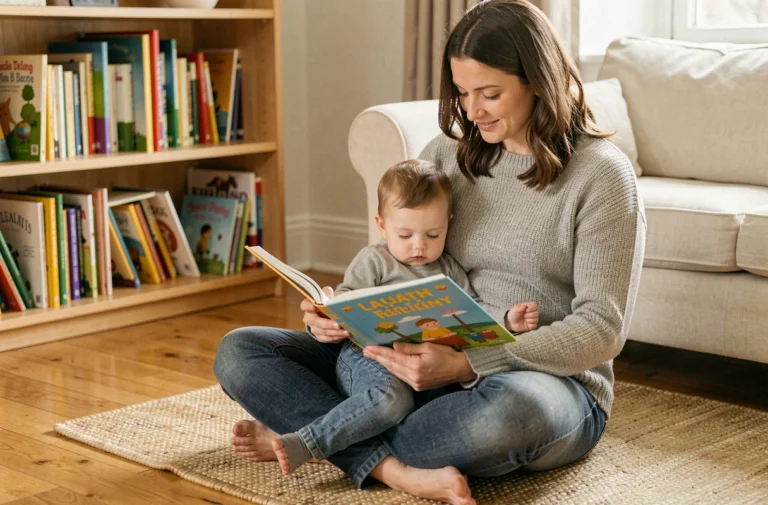 Mère lisant un livre illustré à son tout-petit dans un salon cosy, moment du quotidien parental chaleureux