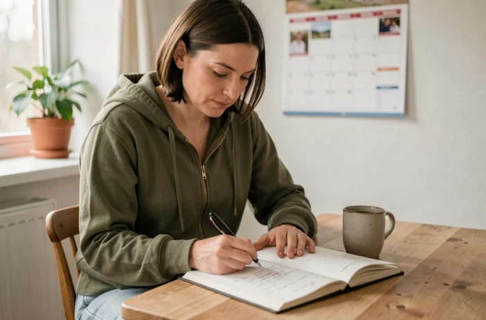 Mère organisée écrivant dans un carnet de planification familiale à la table de la cuisine, conseils parents au quotidien