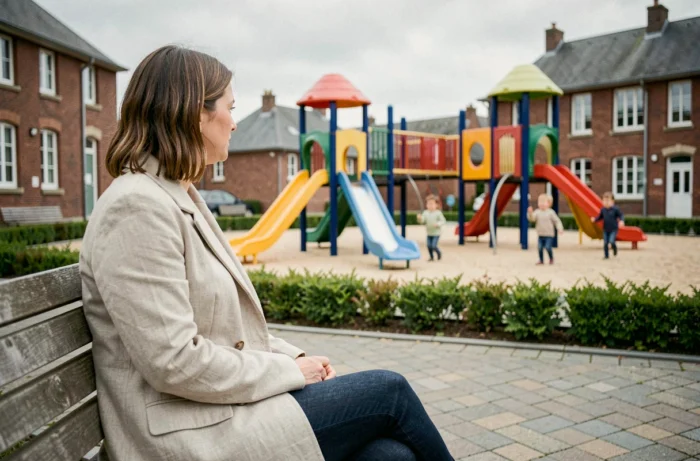 Mère surveillant ses enfants dans un parc municipal d'Arras avec aire de jeux colorée en arrière-plan