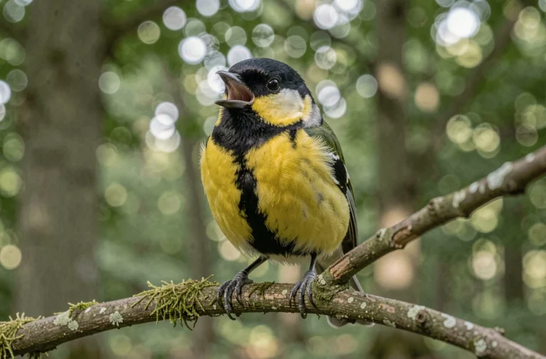 Mésange charbonnière perchée sur une branche en forêt, bec ouvert en train de chanter, plumage noir et jaune bien visible