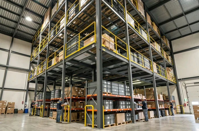 Mezzanine industrielle à plusieurs niveaux en acier dans un entrepôt permettant un stockage vertical optimisé avec des opérateurs au travail