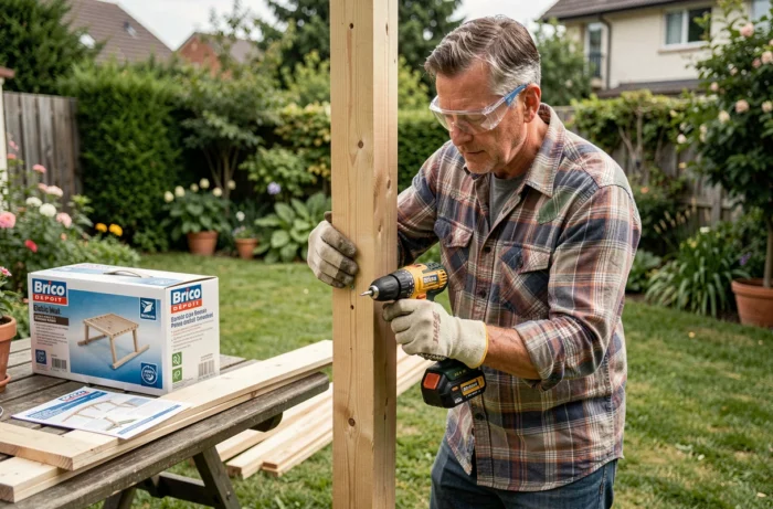Homme assemblant une pergola en bois 5x4 en kit dans son jardin avec une perceuse sans fil