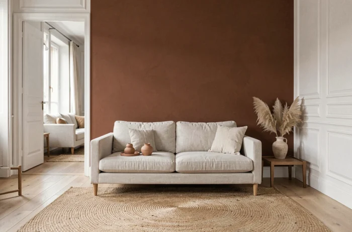 Mur d'accent peint en couleur terreuse terracotta dans un salon minimaliste avec canapé en lin et tapis en jute
