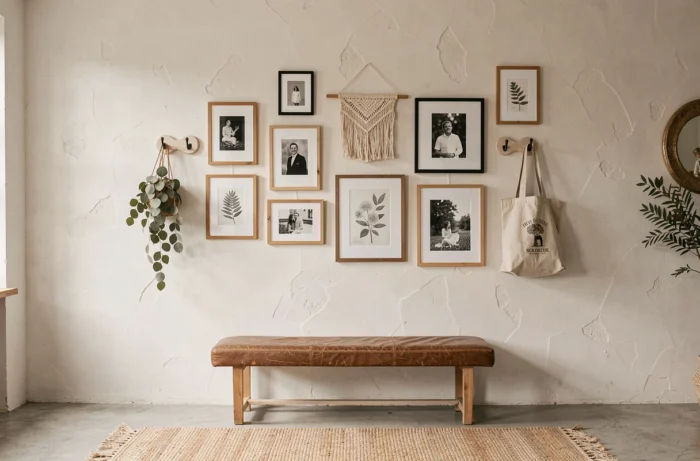 Mur de cadres et objets suspendus avec photos, gravures botaniques et suspension en tissu formant une galerie décorative sur mur en plâtre