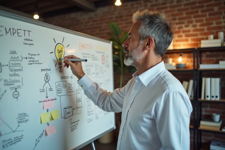 Un homme d'affaires mature brainstorme des idées novatrices sur un tableau blanc dans un bureau moderne, illustrant la différence entre novateur et innovateur.