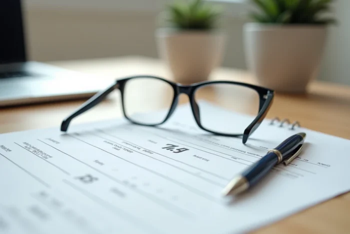 Ordonnance optique avec correction 0.75 et lunettes posées sur un bureau en bois