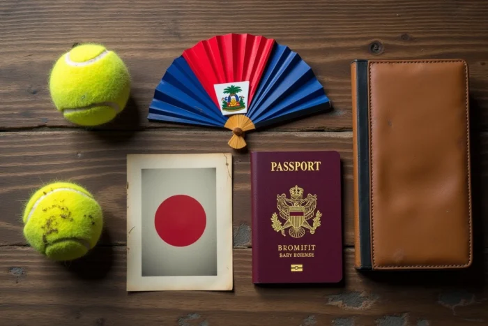 Symboles des origines haïtiennes et japonaises de la famille de Naomi Osaka disposés en flat lay éditorial