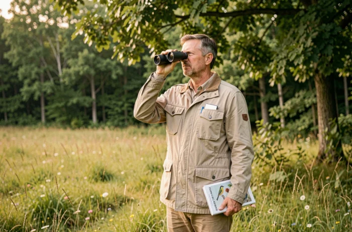 Ornithologue amateur utilisant des jumelles dans une prairie pour identifier un oiseau chanteur dans les arbres