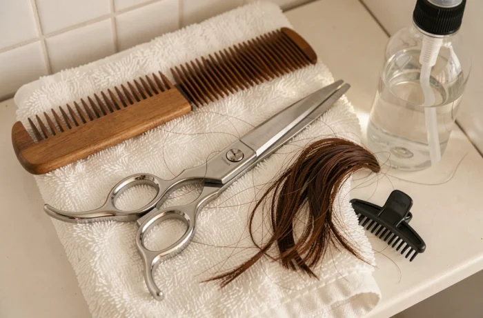 Gros plan sur des ciseaux de coiffure professionnels, peigne et spray sur une serviette blanche, outils essentiels pour se couper les cheveux à la maison