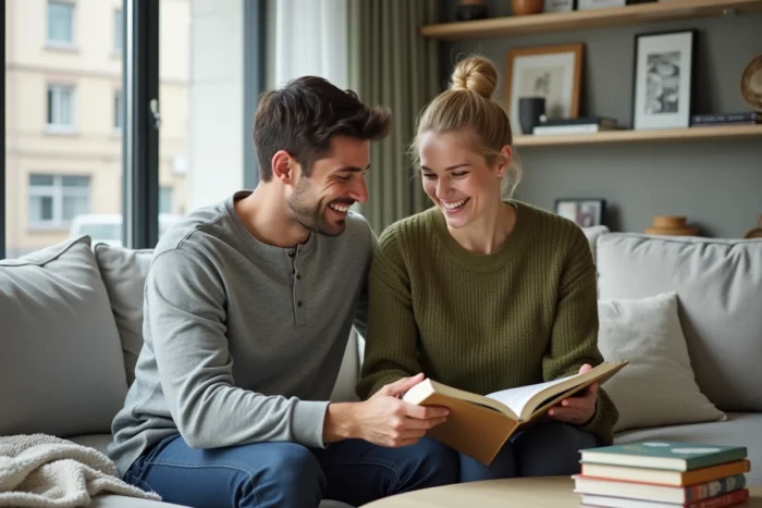 Couple de parents assis ensemble sur un canapé gris consultant une encyclopédie sur l'histoire romaine pour choisir le prénom César pour leur fils