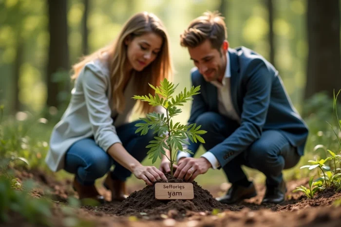Un couple plante ensemble un arbre symbolique en leur nom lors de leur mariage dans une clairière forestière