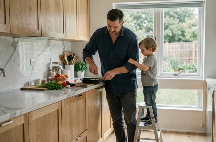 Père et enfant préparant un repas ensemble dans une cuisine moderne, activité parentale du quotidien