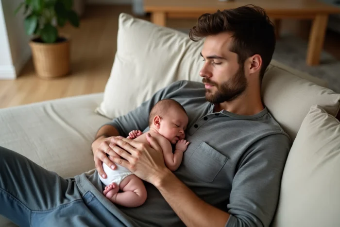 Père pratiquant le peau à peau avec son nouveau-né de 3 semaines endormi sur sa poitrine dans un salon chaleureux