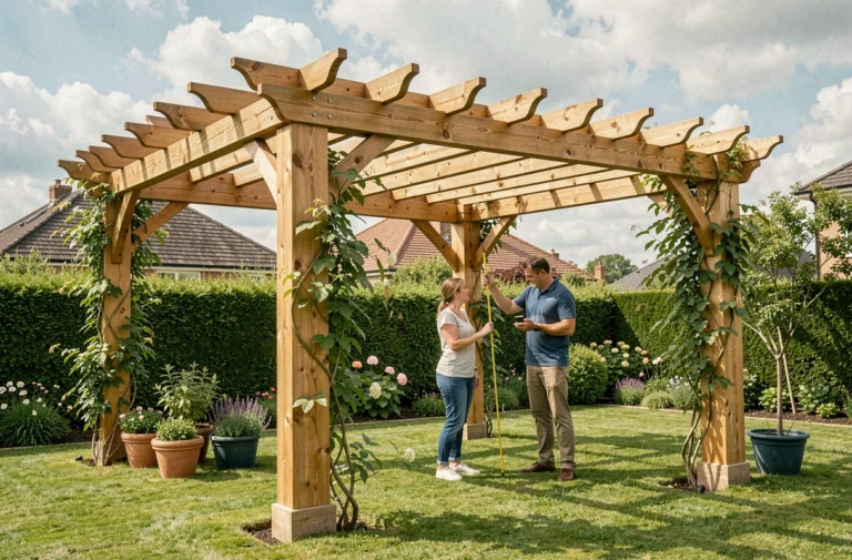 Pergola en bois 5x4 installée dans un jardin résidentiel avec deux adultes inspectant la structure