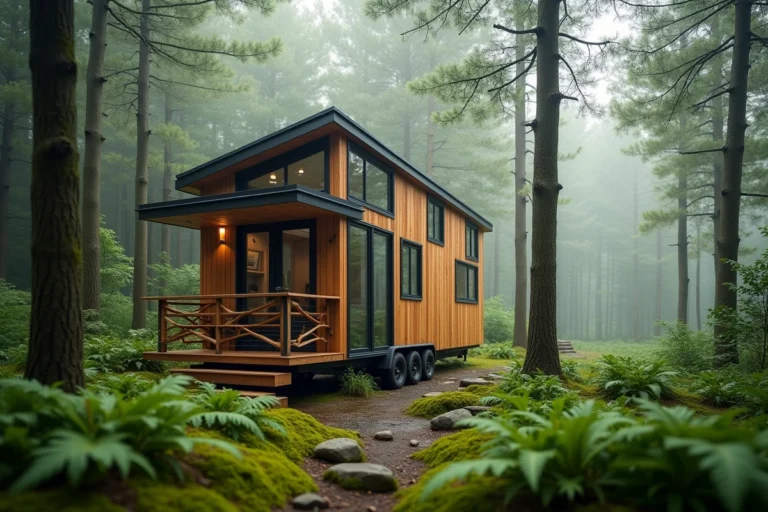 Petite maison en bois moderne nichée dans une forêt verdoyante avec terrasse couverte et grandes fenêtres panoramiques