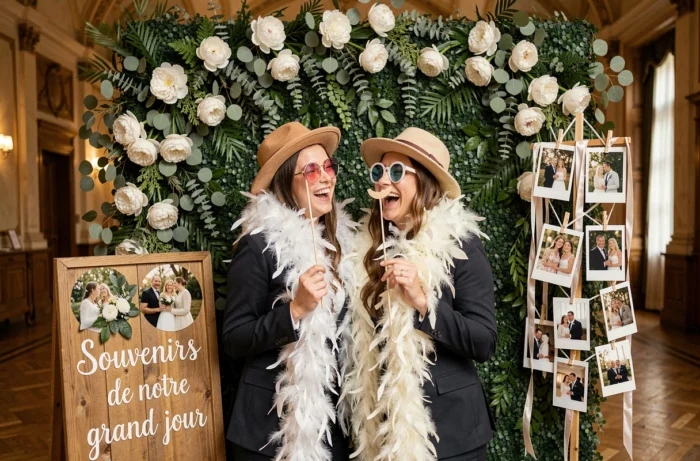 Couple utilisant un photobooth fleuri et décoré lors d'une réception de mariage élégante à Lyon