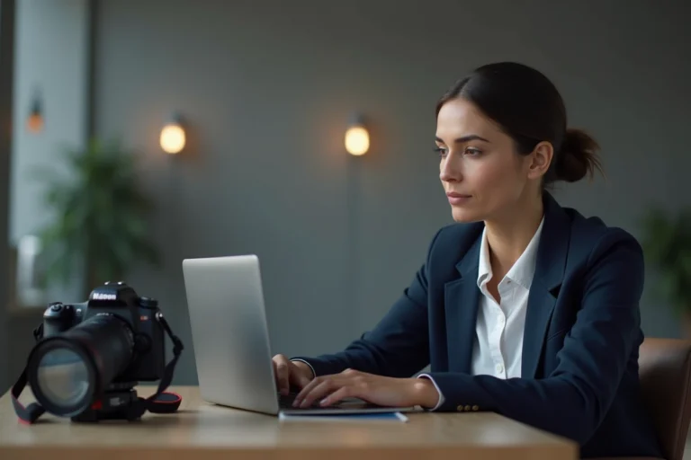 Photographe professionnelle vérifiant des photos officielles sur un ordinateur portable dans un studio moderne