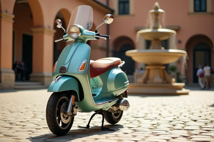 Piaggio Beverly 400 sur une piazza italienne avec fontaine en pierre et toits en tuiles