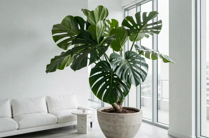 Grande plante verte XXL monstera ou ficus lyrata comme point focal principal d'un salon minimaliste avec planter en céramique