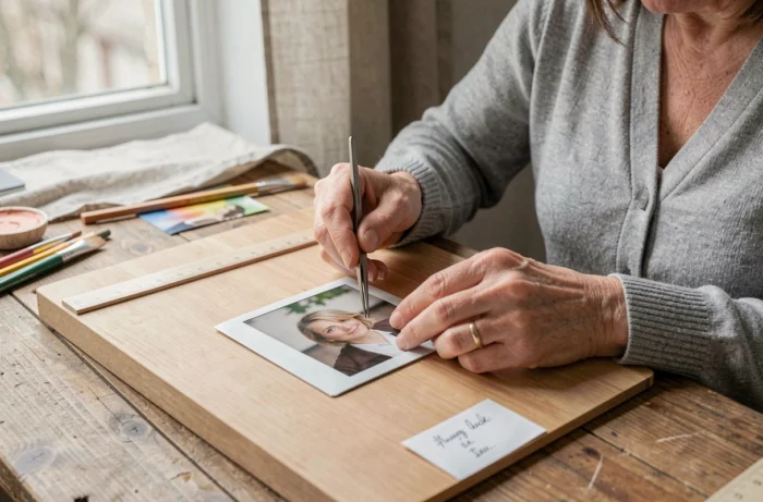 Femme posant délicatement une photo polaroid à plat sur une table en bois avec une pince pour éviter de l'abîmer pendant le séchage