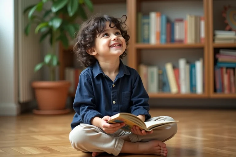 Jeune garçon prénommé César assis sur un parquet en bois dans un appartement parisien, tenant un livre illustré ouvert avec une expression joyeuse et curieuse