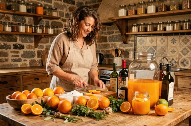 Femme préparant les ingrédients d'une recette de la Jacqueline pour 5 litres sur une grande table de ferme rustique