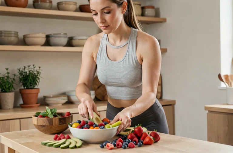 Femme préparant un bol nutritif de légumes et fruits frais dans une cuisine moderne pour un mode de vie sain