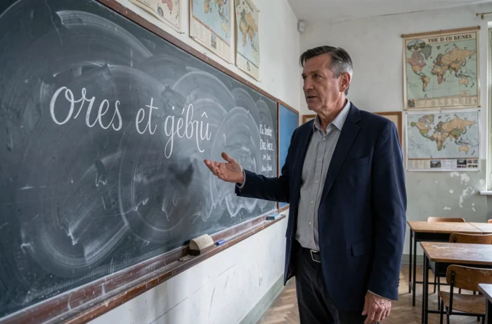 Professeur de français écrivant l'expression ores et déjà au tableau noir dans une salle de classe traditionnelle
