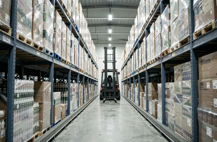 Système de rack à accumulation drive-in dans un entrepôt frigorifique avec des palettes entassées en profondeur dans des tunnels de rails