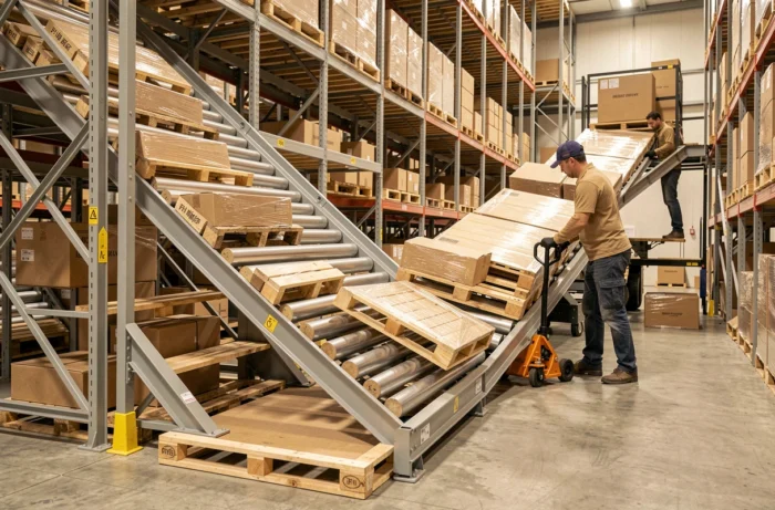 Rayonnage dynamique à gravité FIFO avec des palettes glissant sur des rouleaux inclinés dans un entrepôt logistique