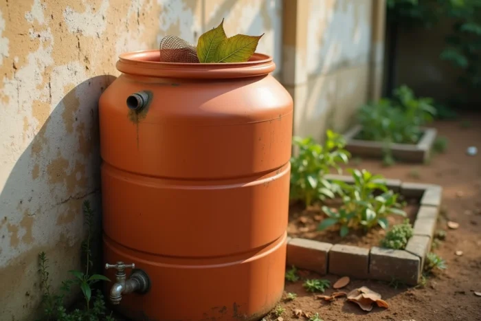 Récupérateur d'eau vide aux robinets calcaires dans un jardin potager asséché sans utilisateur