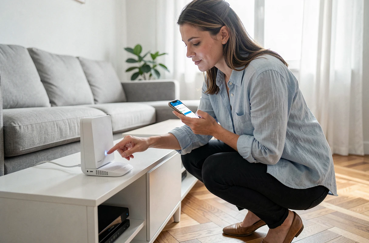 Femme réinitialisant sa box internet Bbox dans un salon moderne au style scandinave