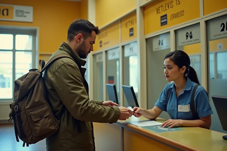 Homme récupérant son courrier en poste restante au guichet d'un bureau de poste français en présentant sa carte d'identité